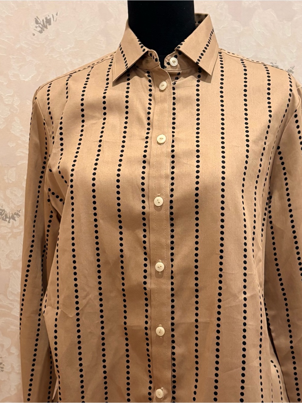 Foxcroft Tan Button-Up Blouse with Black Dot-Stripe